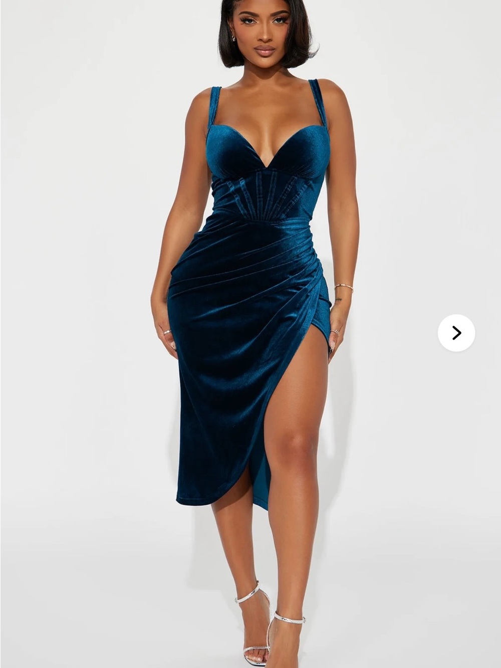 Deep Teal Velvet Ruched Midi Dress with Side Slit